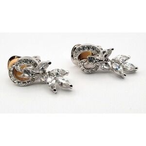 NOLAN MILLER SPARKING DANGLE SILVER RHINESTONE CLIP ON EARRINGS‎ SIGNED VINTAGE